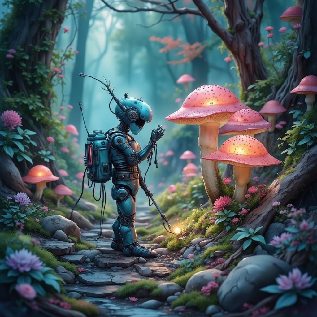 Robot Gardener in Enchanted Forest, Digital Art