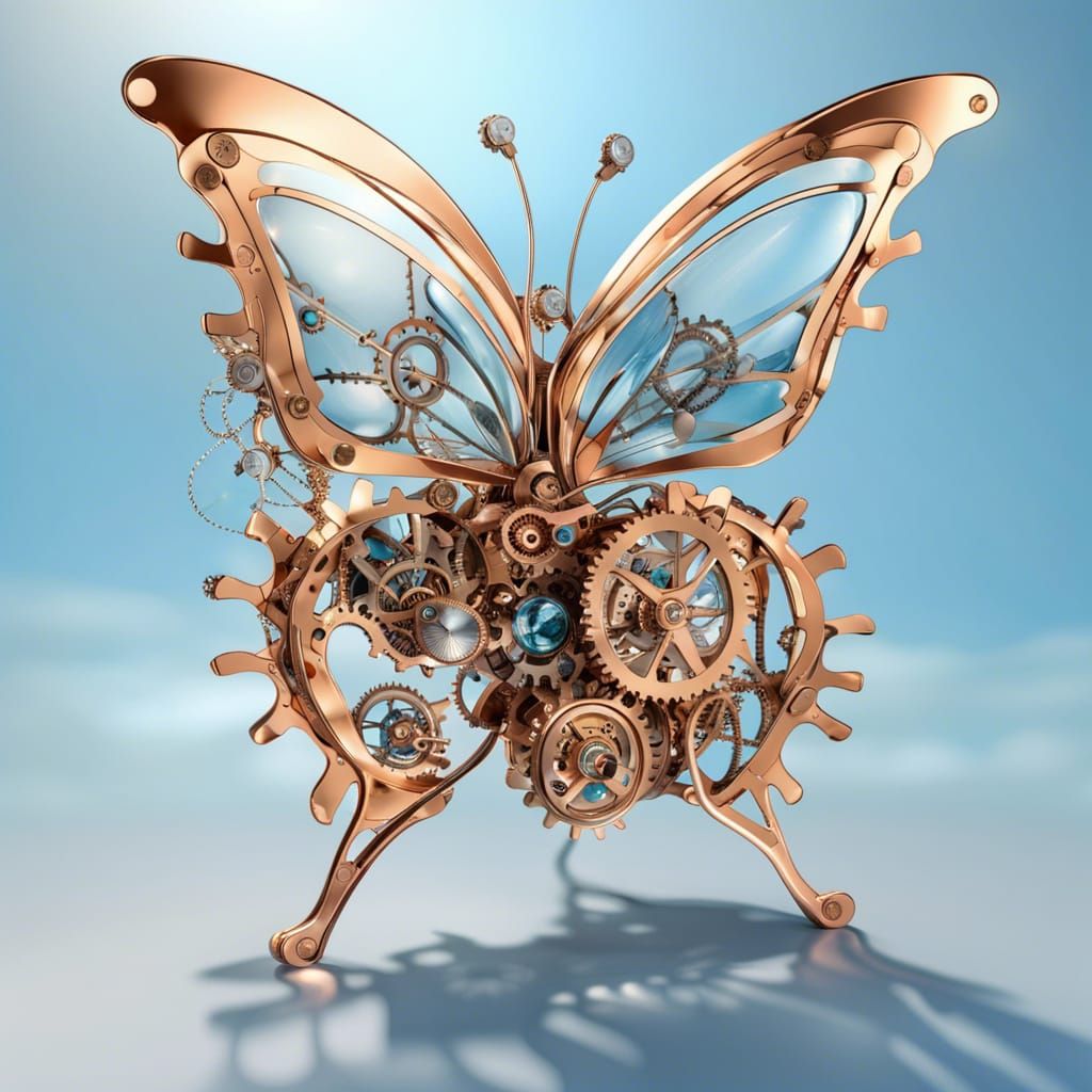 Clockwork Butterfly on Mechanical Flower in Sci-Fi Style