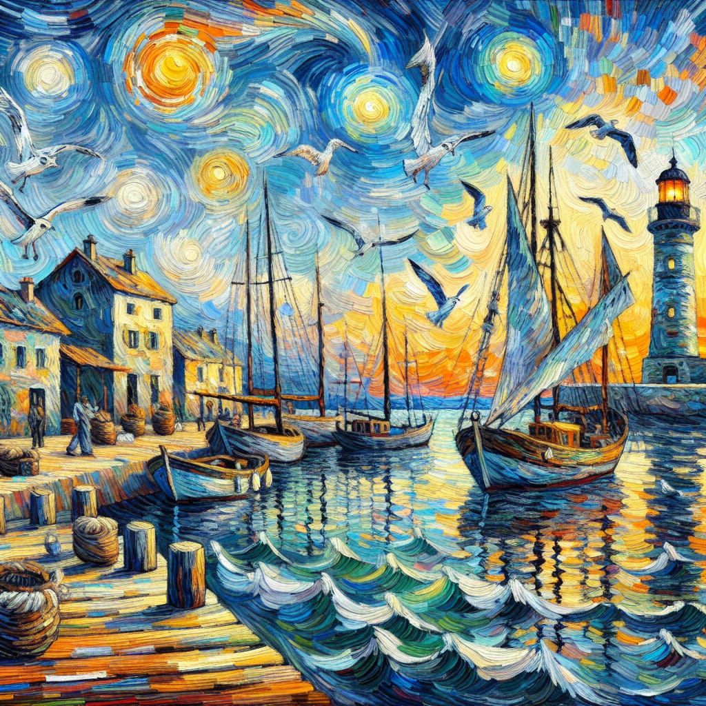 Mediterranean Harbor Scene in Post-Impressionist Style