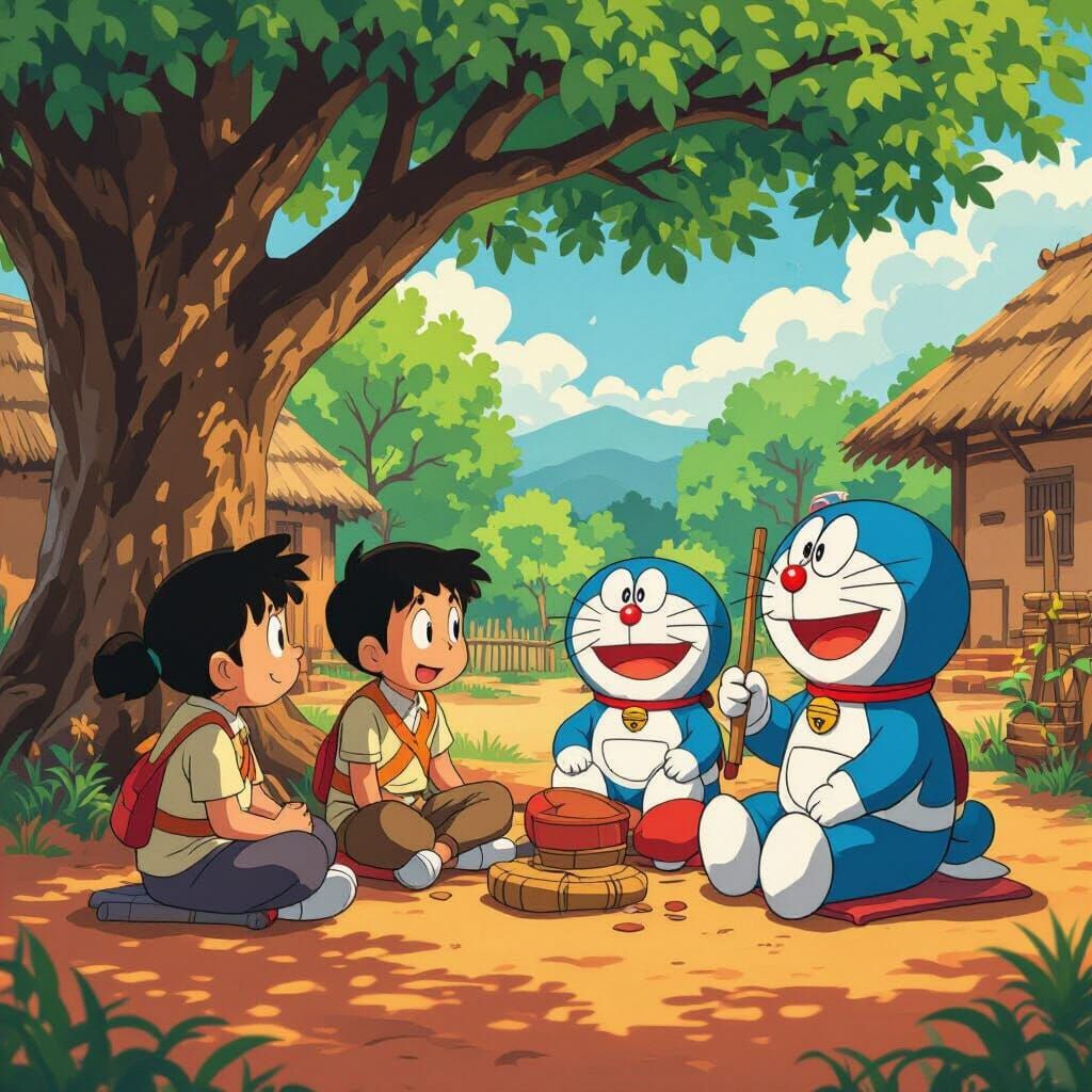 Nobita and Friends Learn in Rustic Indian Village, Ghibli St...