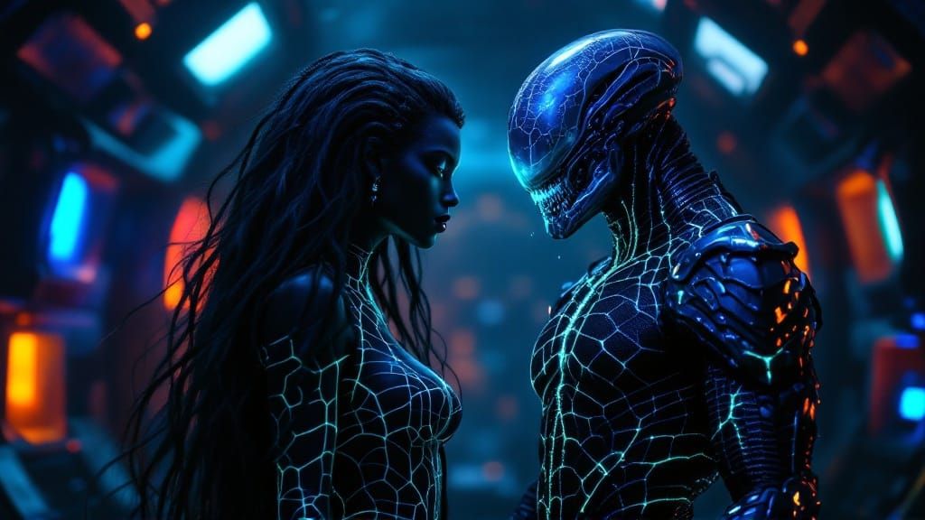 Ethereal Goth Queen Xenomorph and Yautja Pair in Dark Mystic...