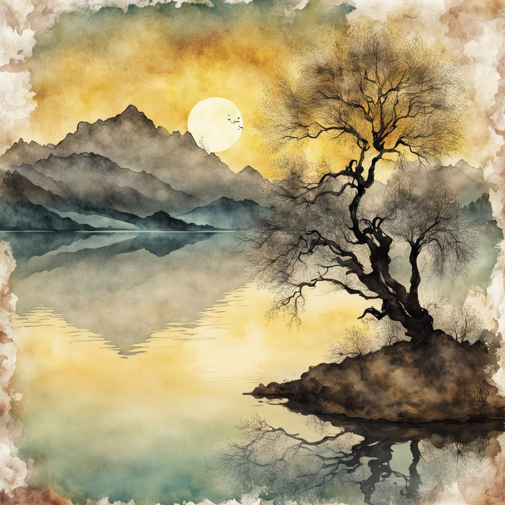 Twilight Lakeside Scene in Steampunk Style