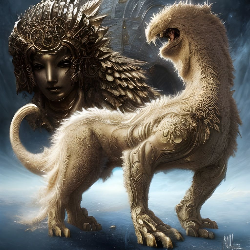 Fluffy Chimera with Gold Filigree, Intricate Illustration