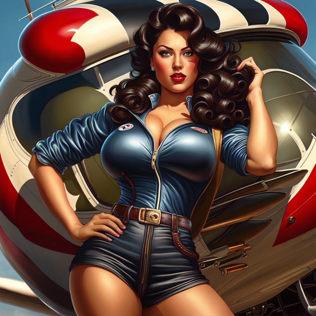 Voluptuous Bomber Girl Pinup Poster in Hyperrealistic Style