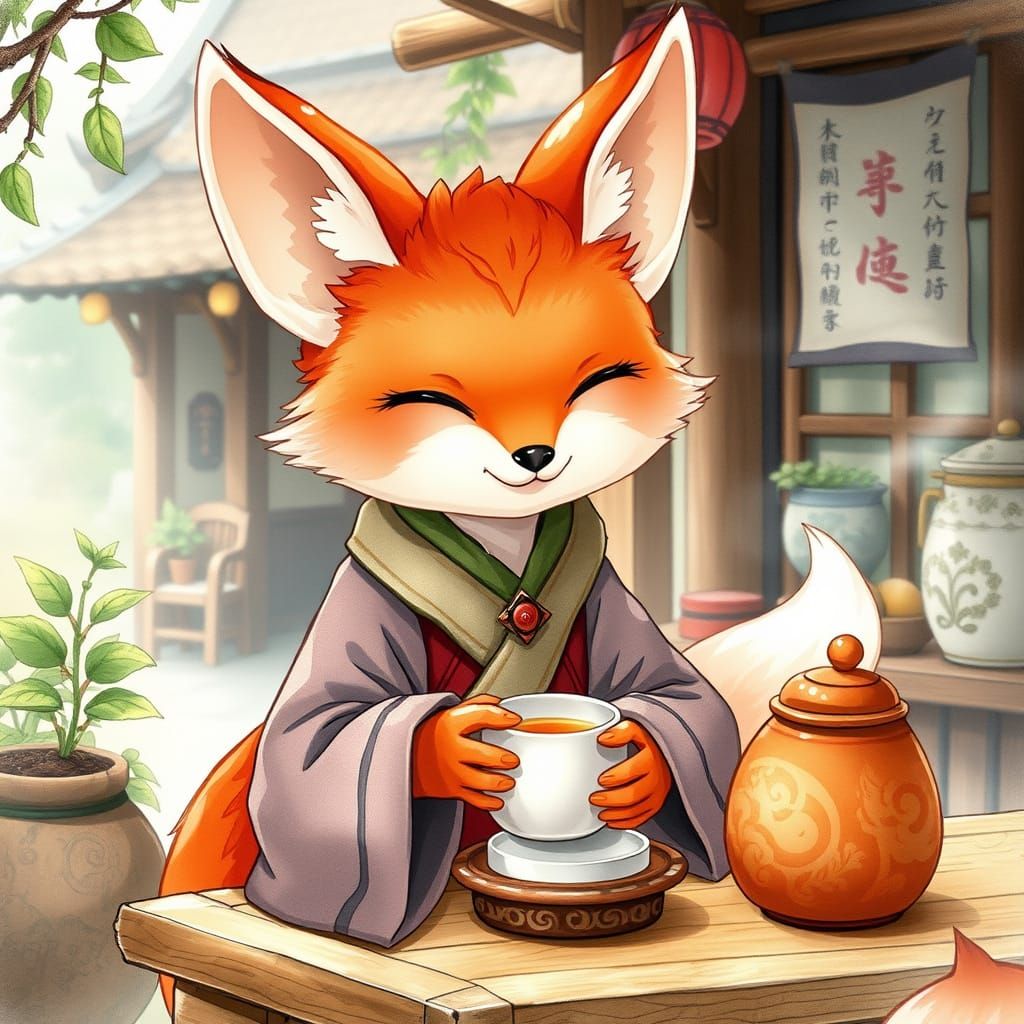 Fox Druid's Tea Break: Ghibli-Inspired Watercolor