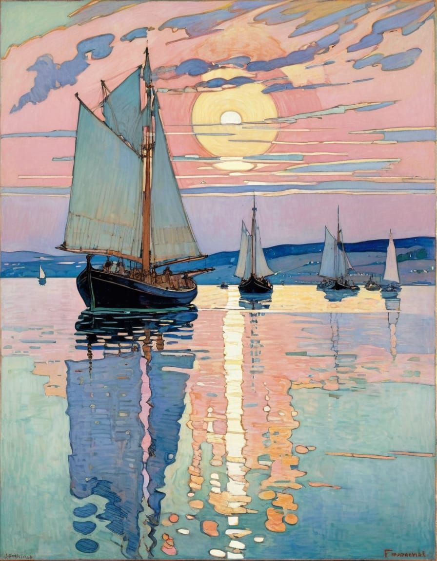 Vibrant Ships Sail into a Pink Sunset Landscape