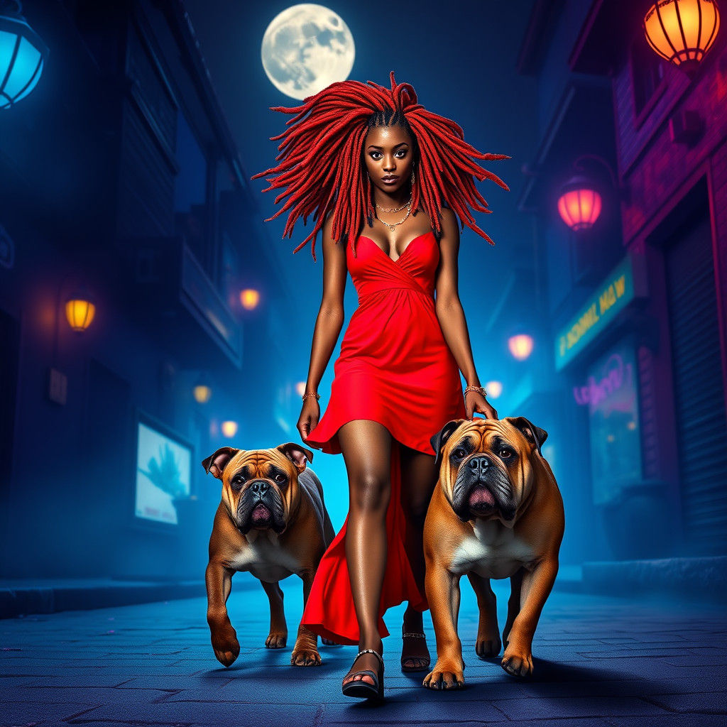 Mystical Woman and Bulldog on Moonlit Street