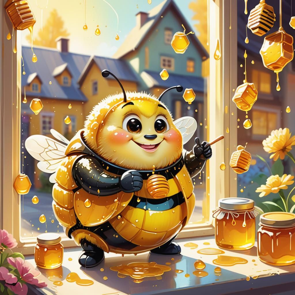 An cute obese bumblebee with a euphoric face sits next to a ...