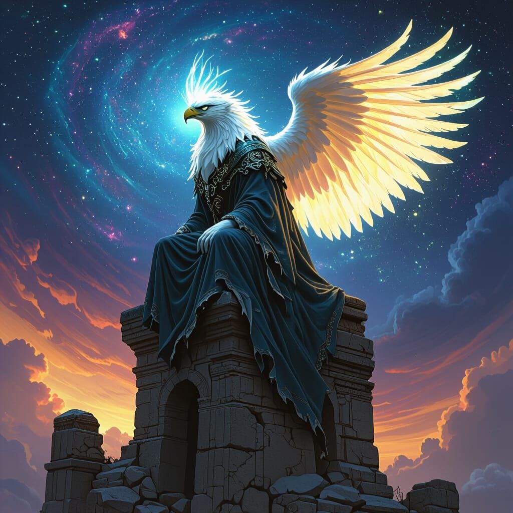 Griffin in Mystic Robes on Ancient Ruin