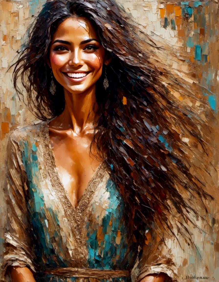 Smiling Palestinian Woman: Impasto Portrait with Palette Kni...