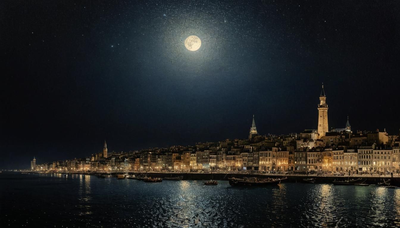 Alexandria Cityscape at Night: Pointillist River View