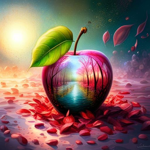Crystal Apple Raindrops in Opulent Garden, Fantasy Art