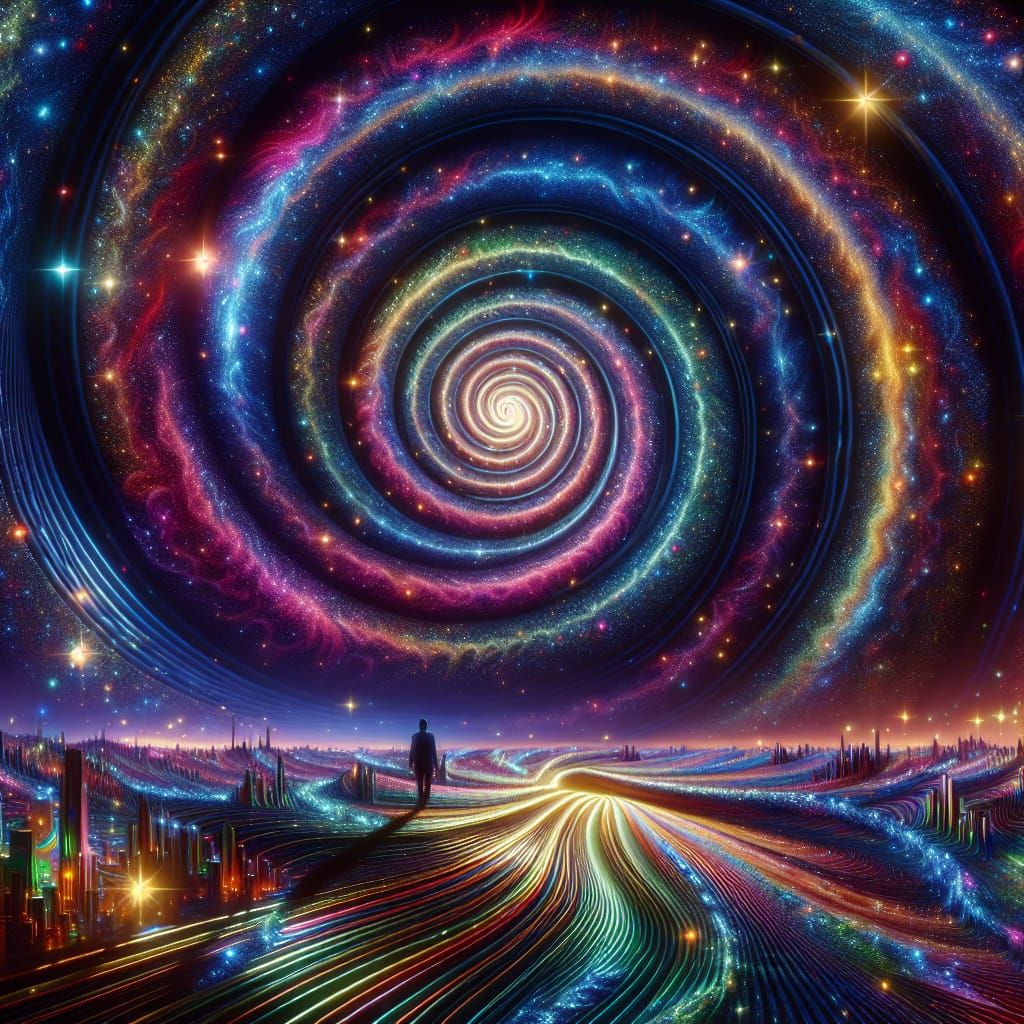 Surreal Spiral Galaxy Portal with Rainbow Crystals