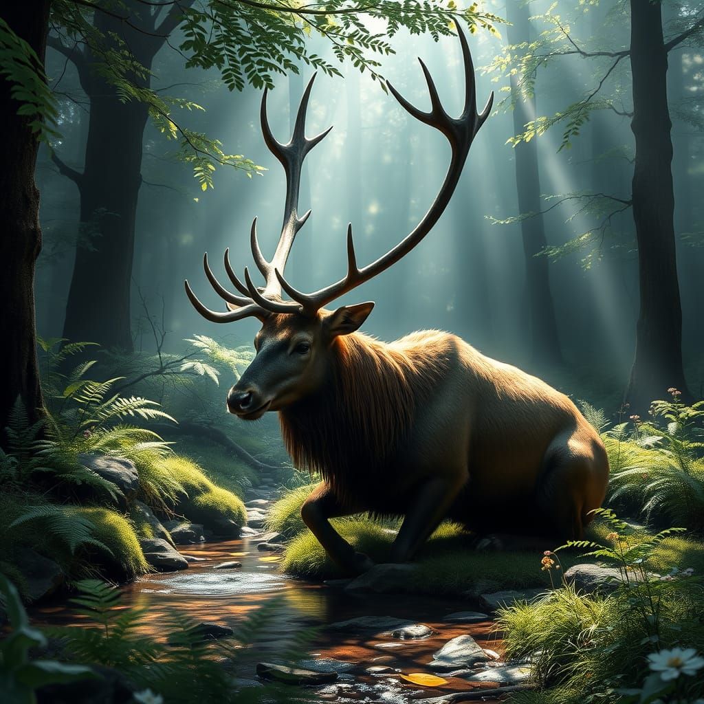 Stag at Crystal Spring: Dark Romantic Surrealism