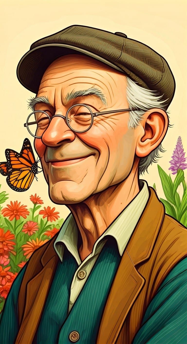 Whimsical Old Man Surprised by Playful Monarch Butterfly