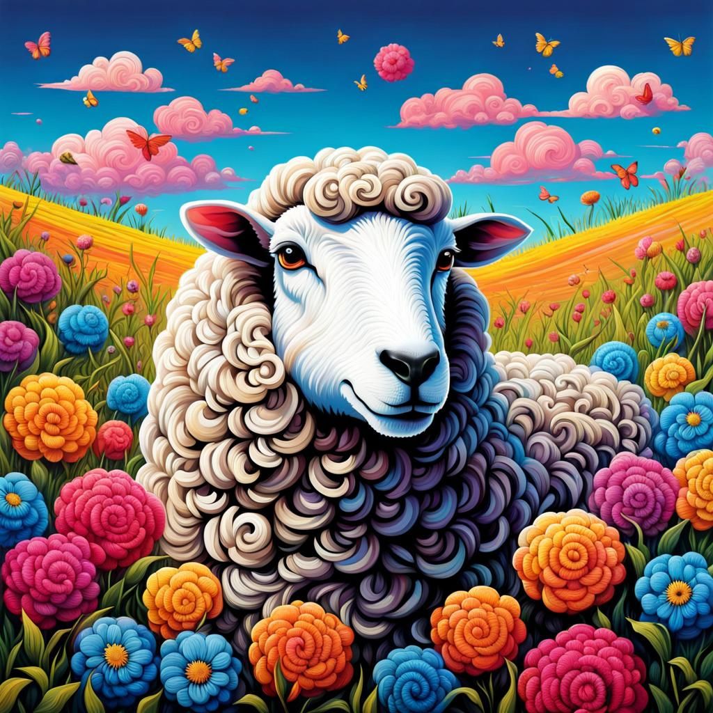 Yarn Sheep in Flower Field: Graffiti Art Style