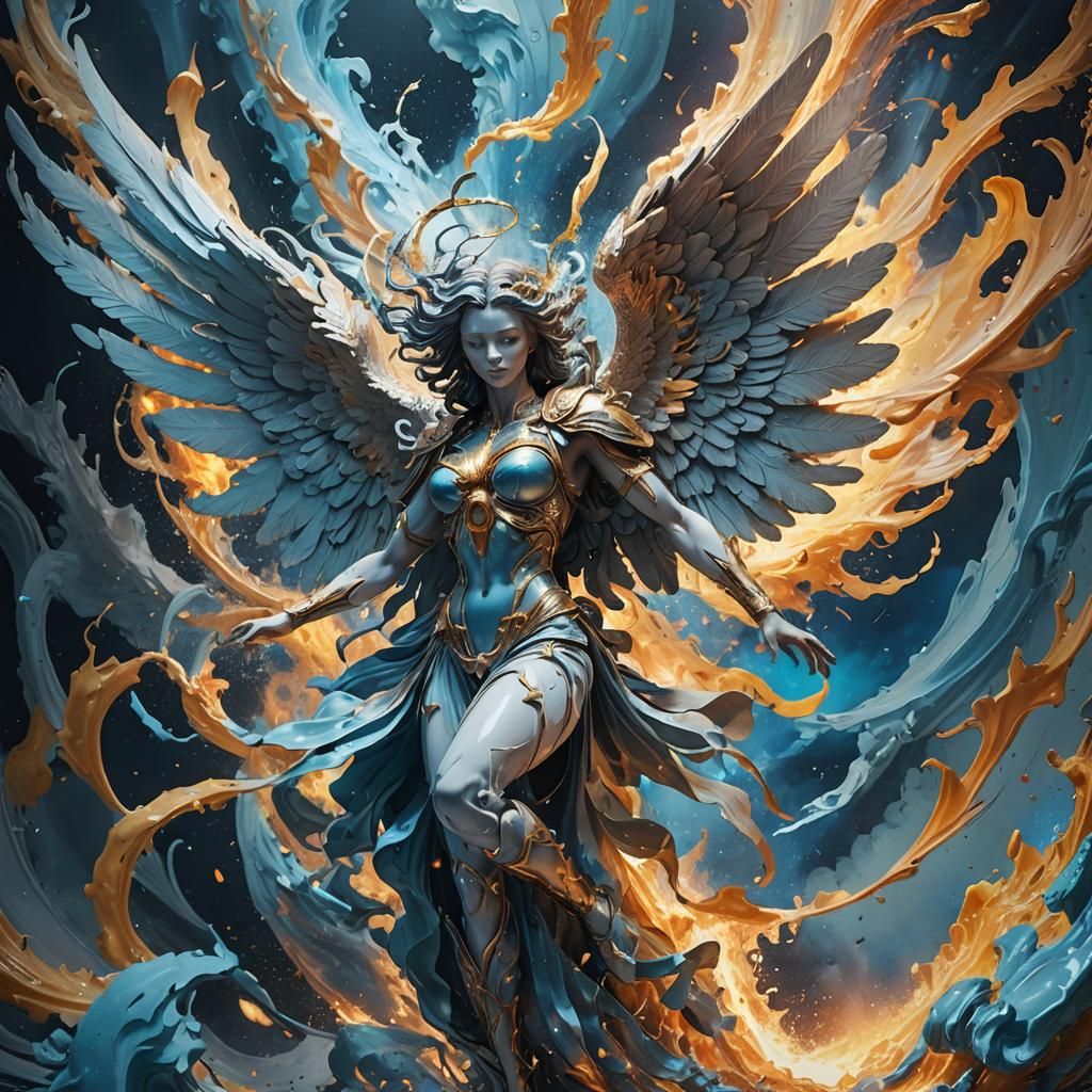 Archangel in Flight Amidst Fiery Chaos