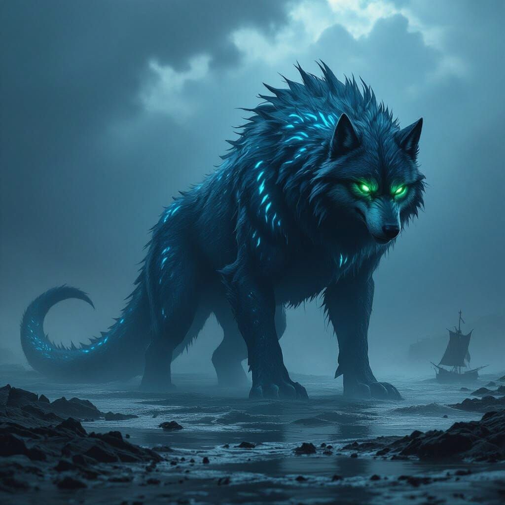 Mythical Sea Serpent Wolf Hybrid on Battlefield