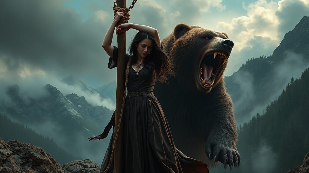 Bound Maiden Confronts a Fearsome Bear in a Dark Fantasy Lan...