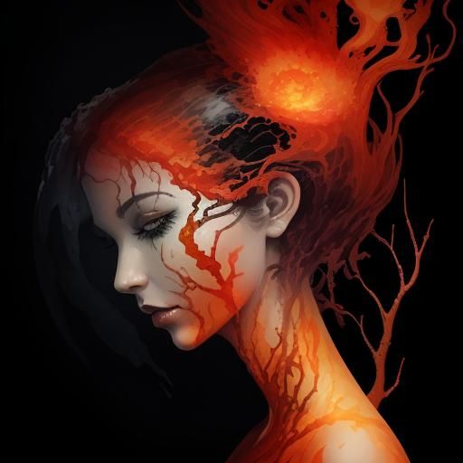 Flaming Woman: Macabre Bonsai Tree Watercolor Portrait