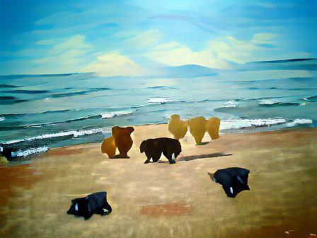 Bears at the Beach: Minimalist Oil Painting