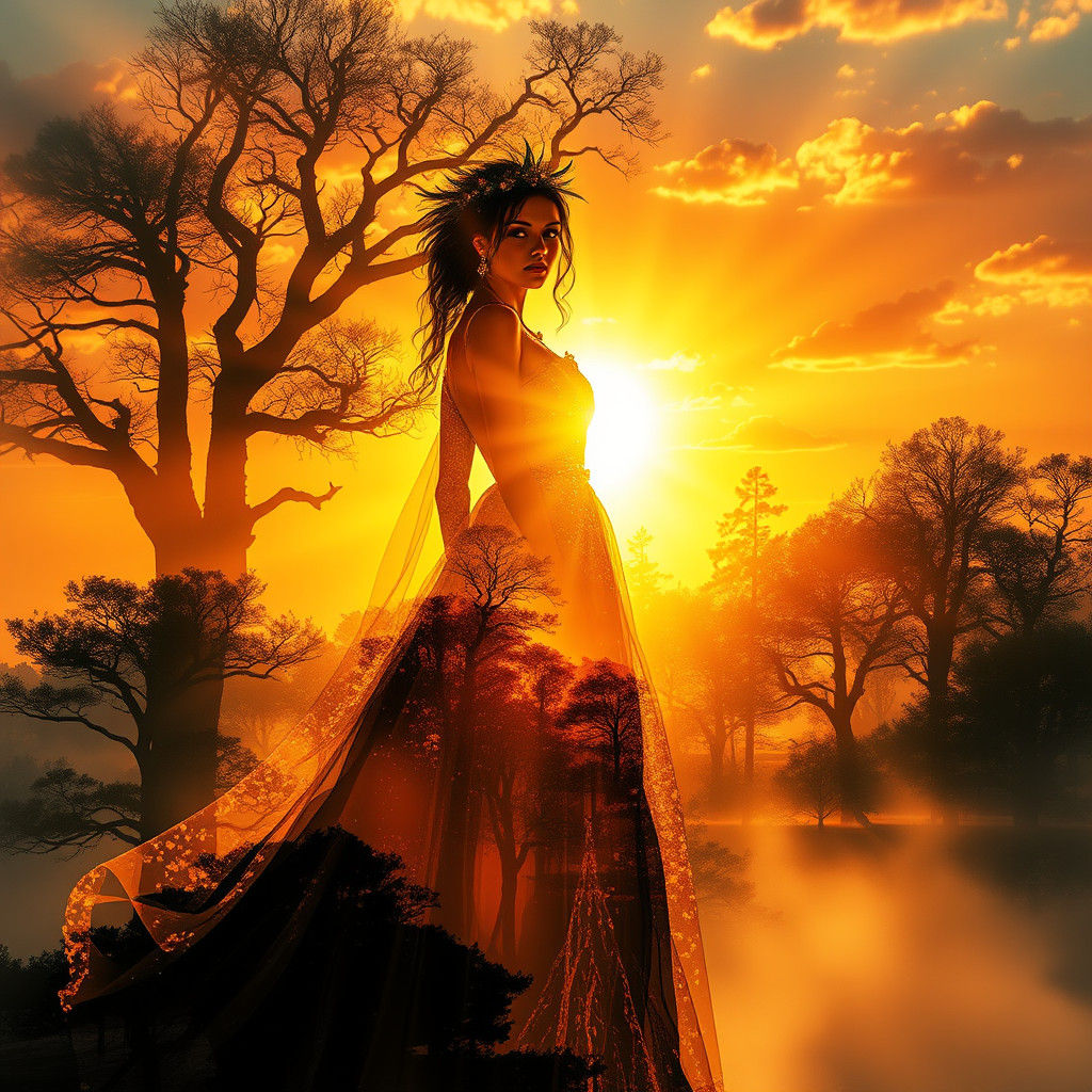 Radiant Silhouette in Golden Hour Double Exposure