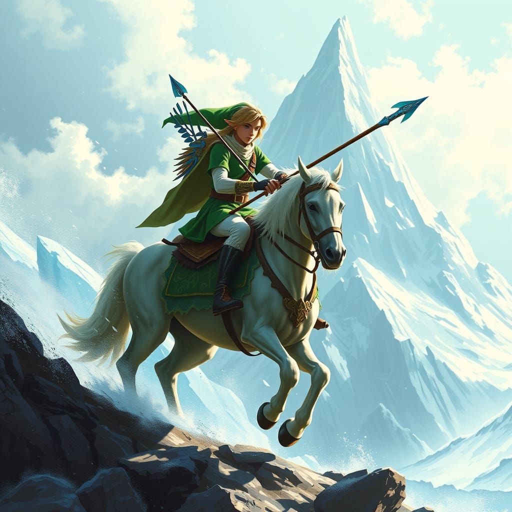 Heroic Link Rides with Icy Arrows in Epic Cyberpunk Landscap...