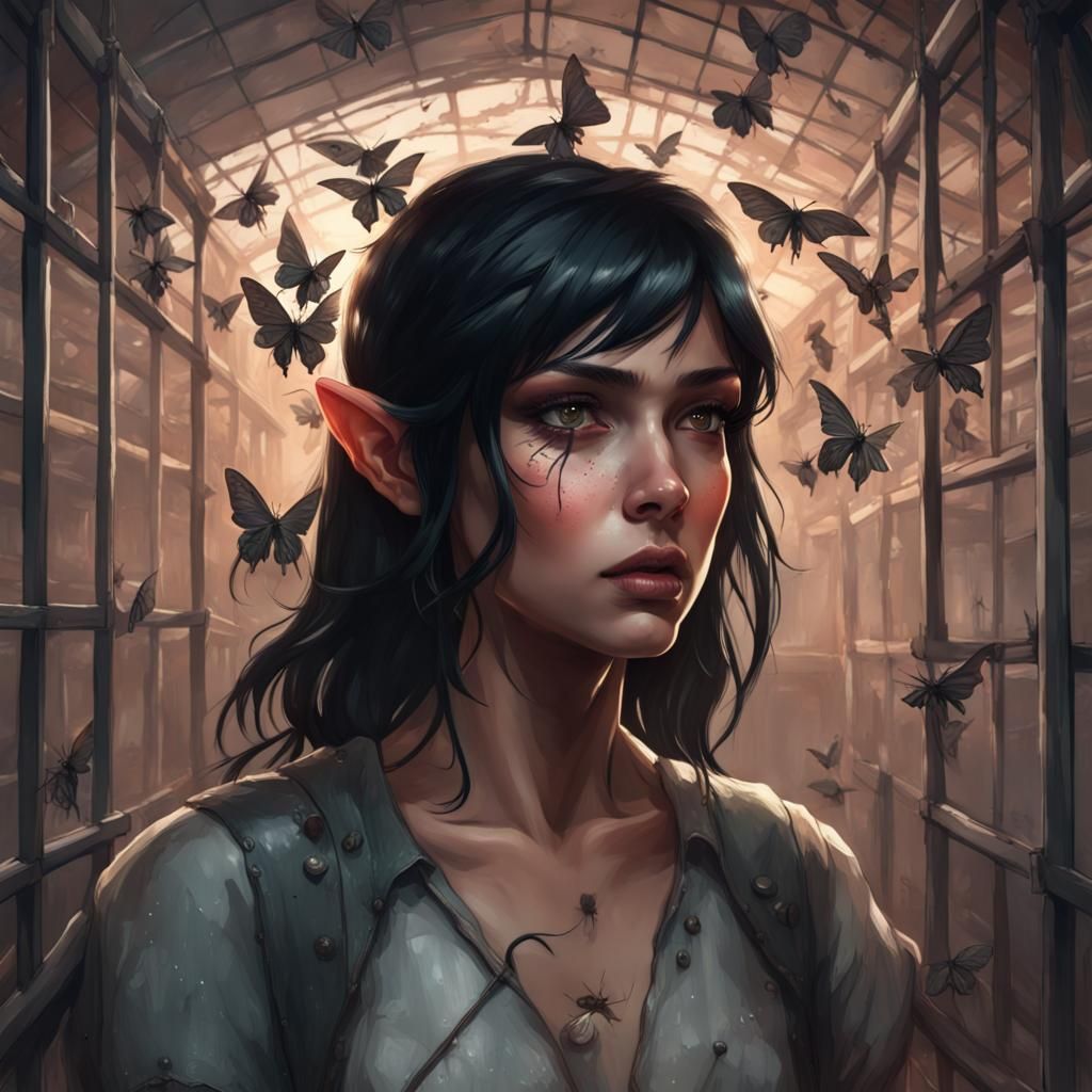 Scared Elf Girl in Cell with Moths: Digital Portrait