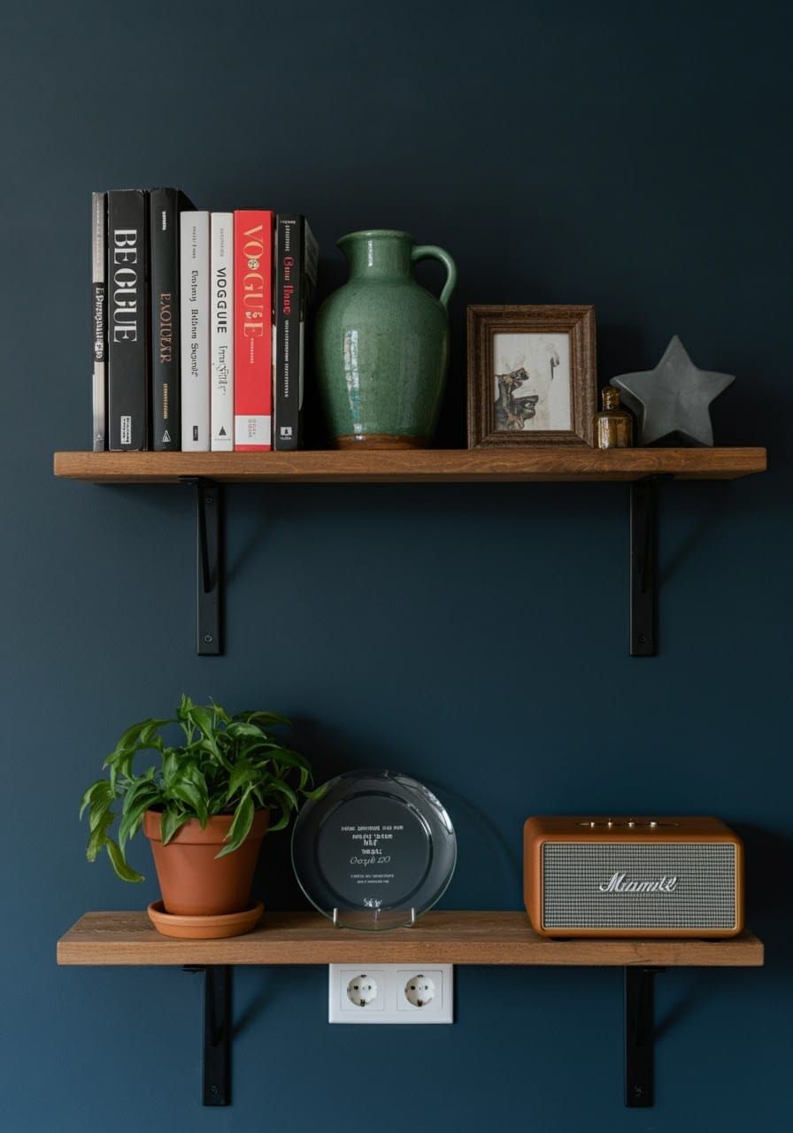 Wooden Shelf with Books and Decorative Items