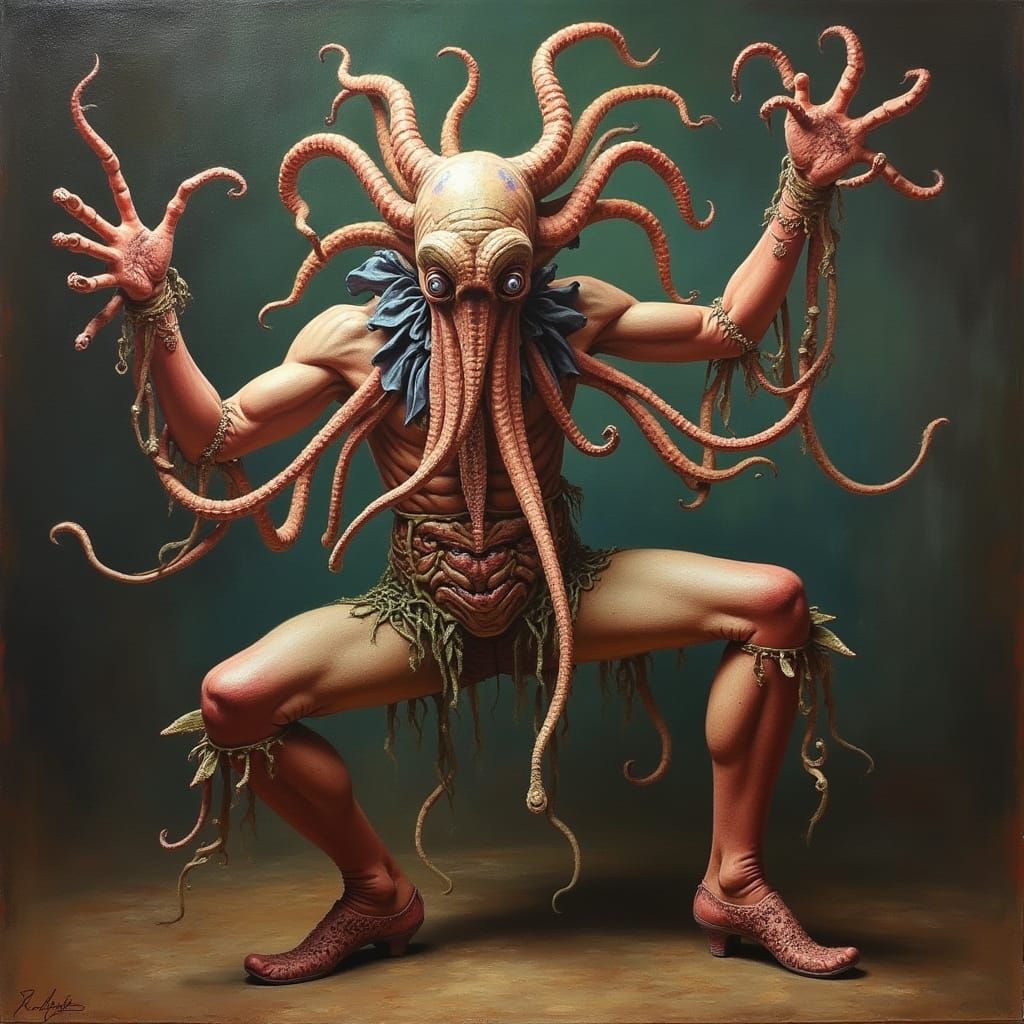 Grotesque Harlequin-Squid Hybrid Dance as Surreal Oil Painti...