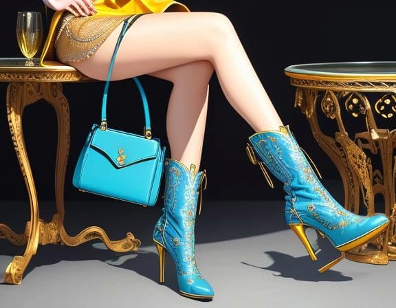 Boho Chic Leather Handbag and Boots in Blue & Yellow