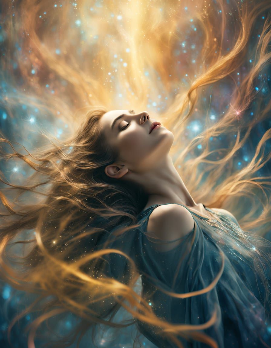 Surreal Woman Surrounded by Glowing Filaments in a Starry Ex...