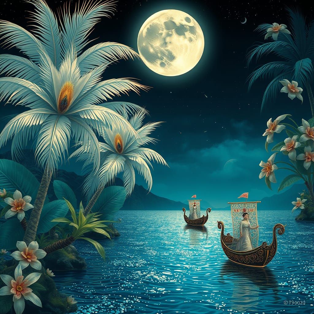 Surreal Dreamscape of Feathered Trees and Jewel Flowers