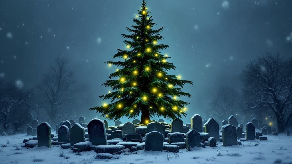Eerie Graveyard with Ghostly Christmas Lights