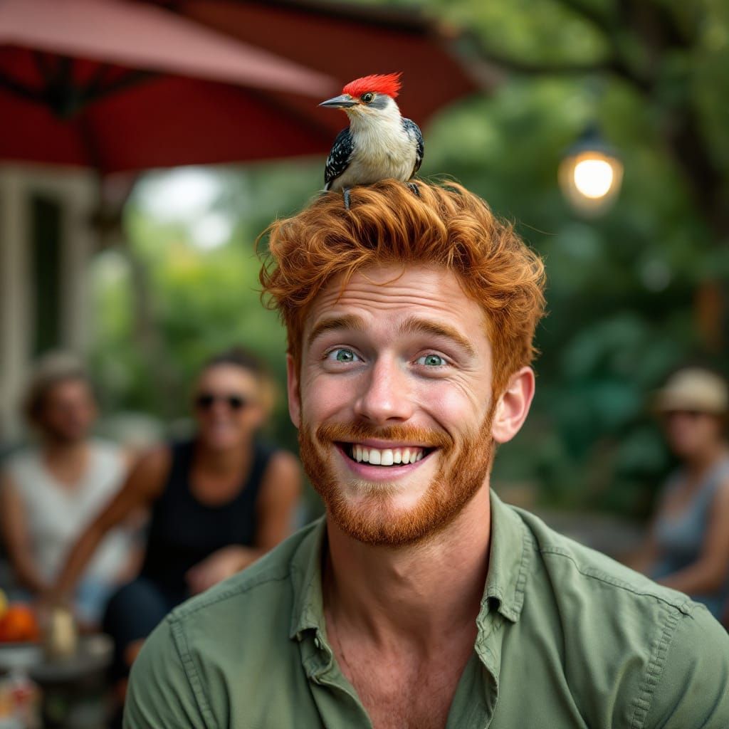 Handsome Man Surprised by Smiling Woodpecker Landing on Head