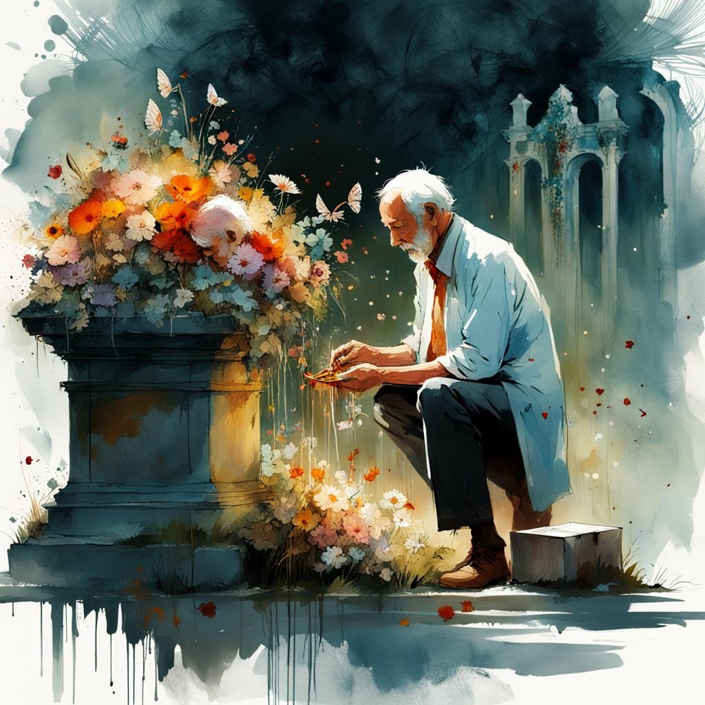 Old Man Visits Grave: Watercolor Splash Art