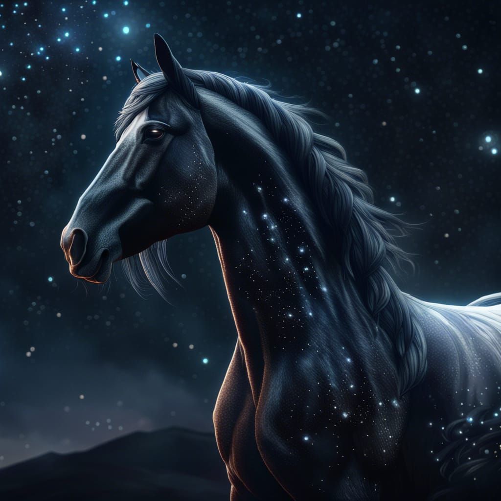 Fantastical Black Horse Gazing at Stars