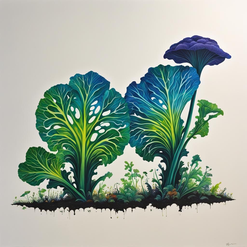 Double Exposure Cabbage and Mushroom Meadow Gouache