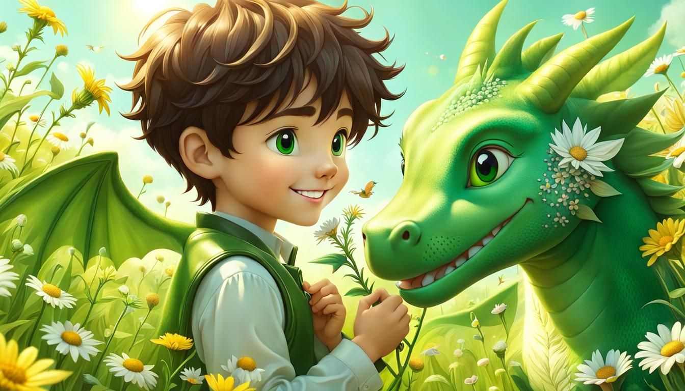 Boy and Dragon Friends in Ethereal Meadow