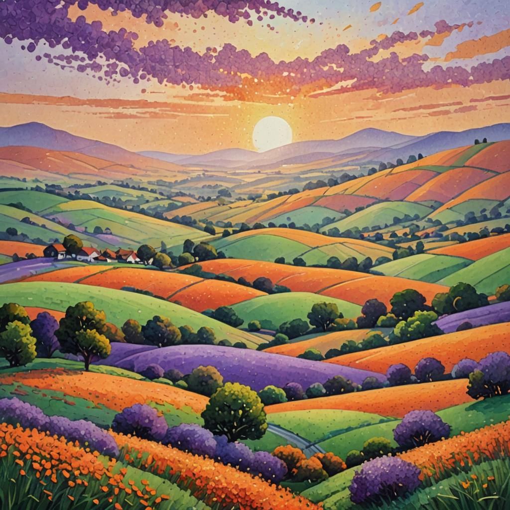 Pointillism Sunset Over Tranquil Countryside