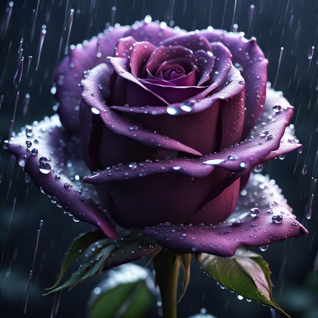 Purple Rose with Rain Drops in Detailed Painting