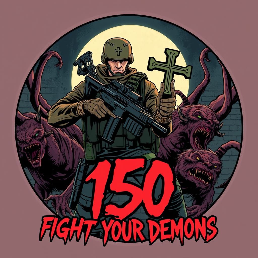 Soldier vs Demons in Comic Book Style