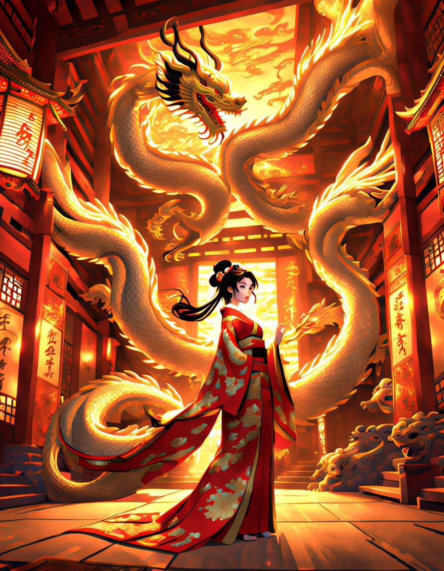 Geisha with Dragon in Japanese Castle: Anime Style