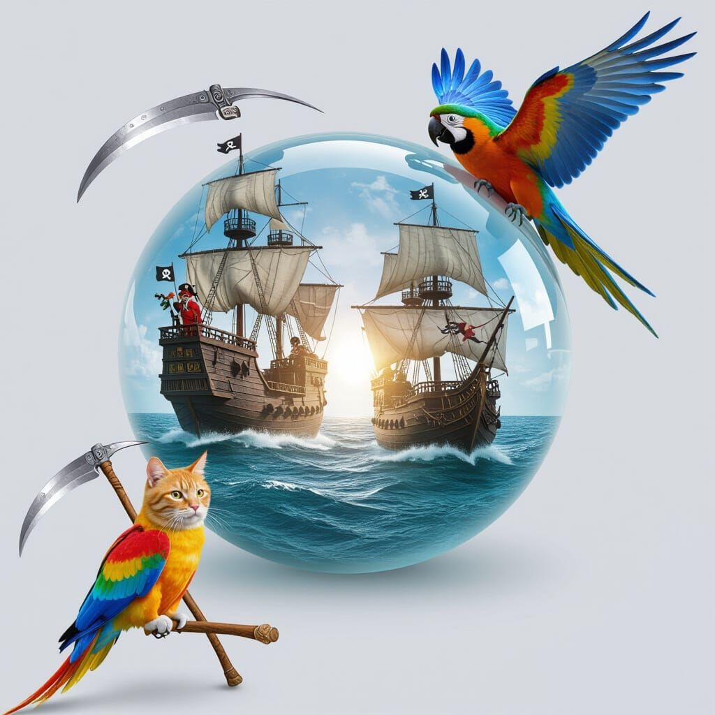 Pirate Cat Captain Leads Ship Battle Inside Crystal Ball