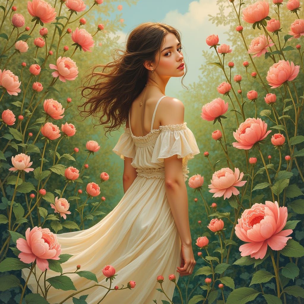 Young Woman in Blooming Garden Art Nouveau Style