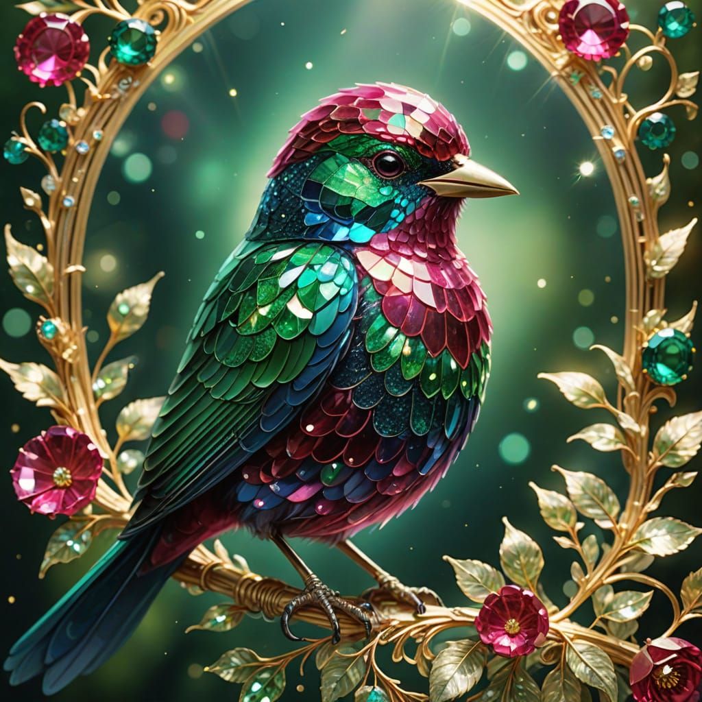 Sparkling Ruby Emerald Bird with Golden Filigree