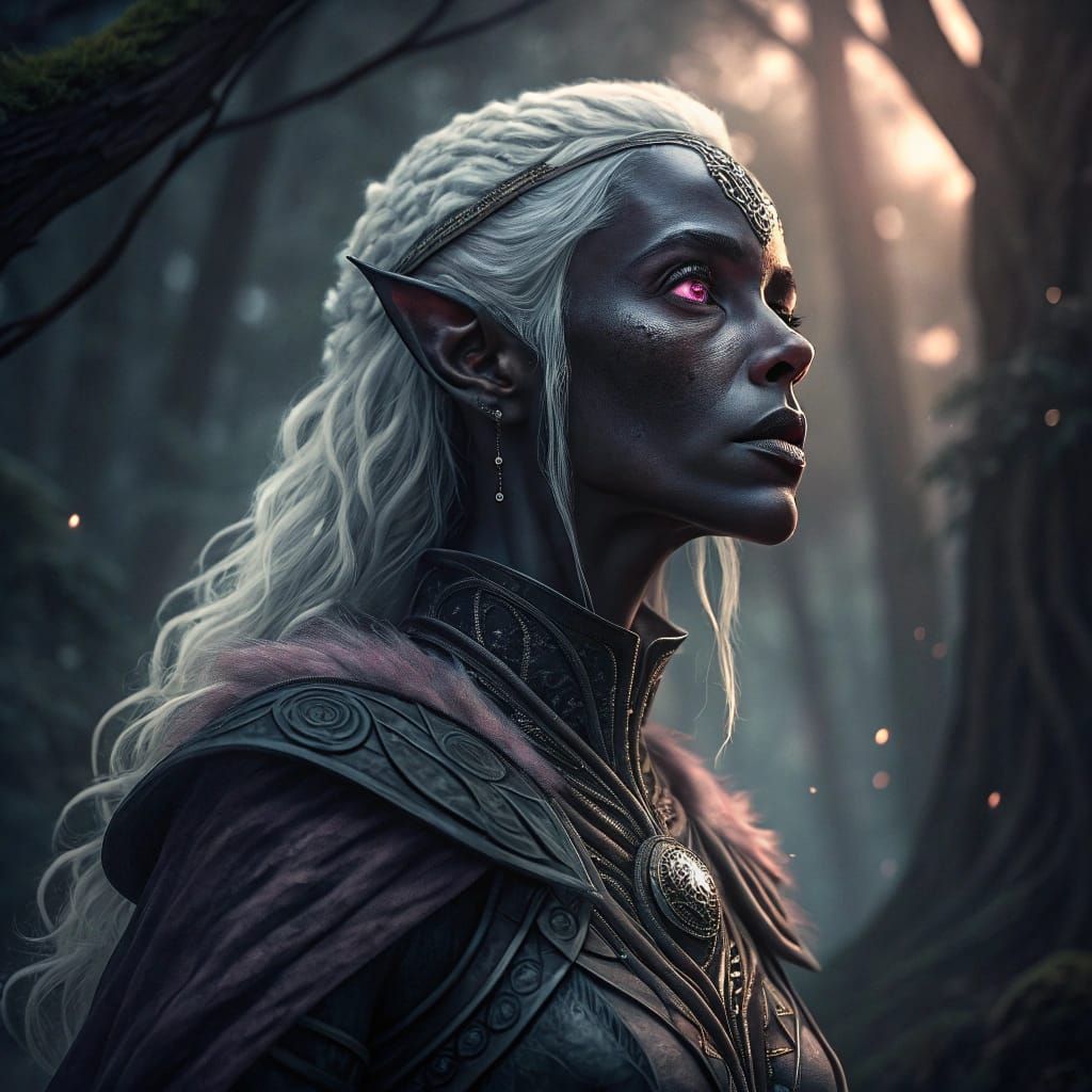 Dramatic Drow Elf Woman in Cinematic Dark Fantasy Style