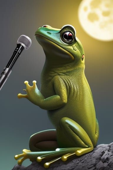 Green Frog Crooning Under the Moon: Detailed Digital Art