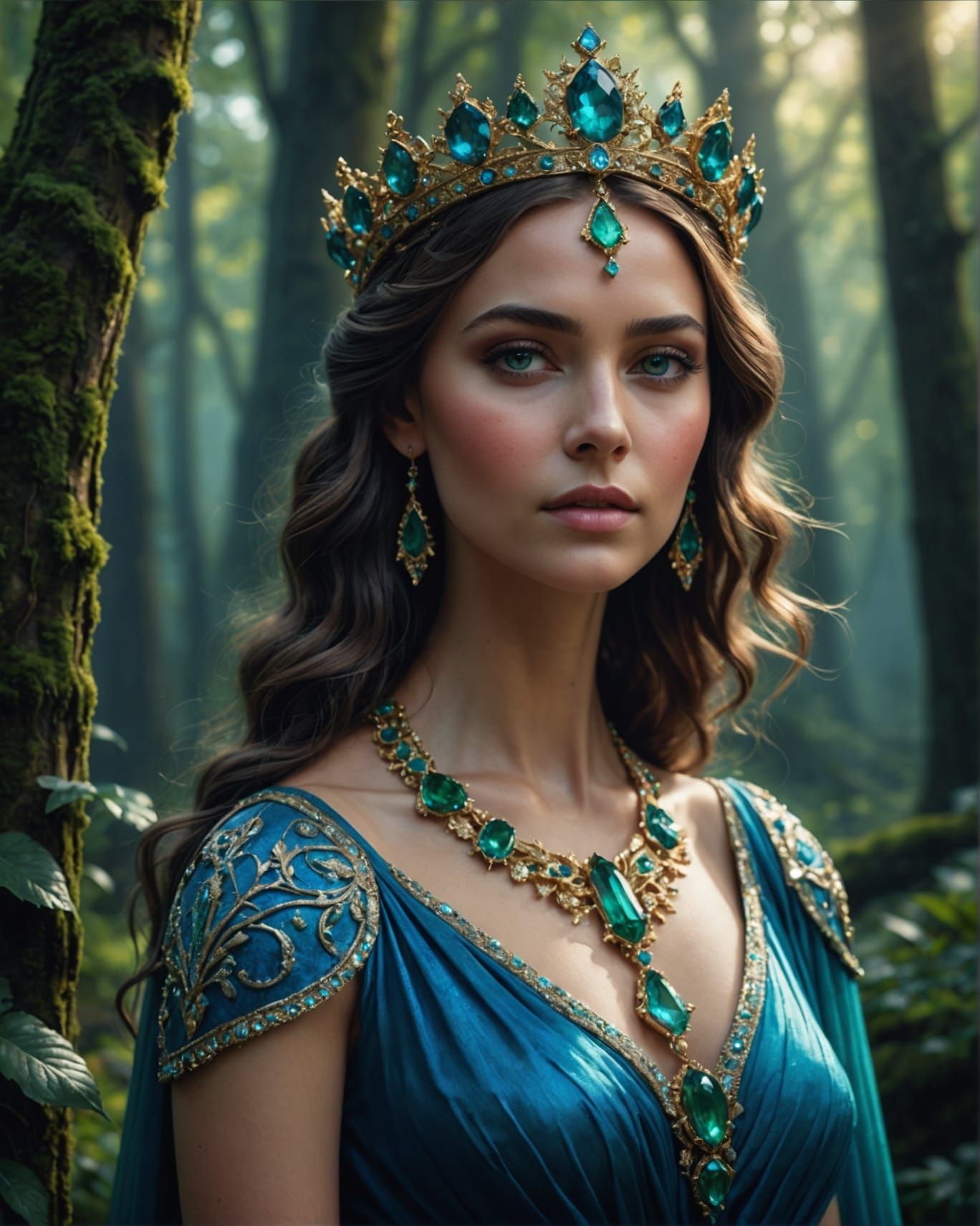 Ethereal Goddess in Emeralds and Blue Dress