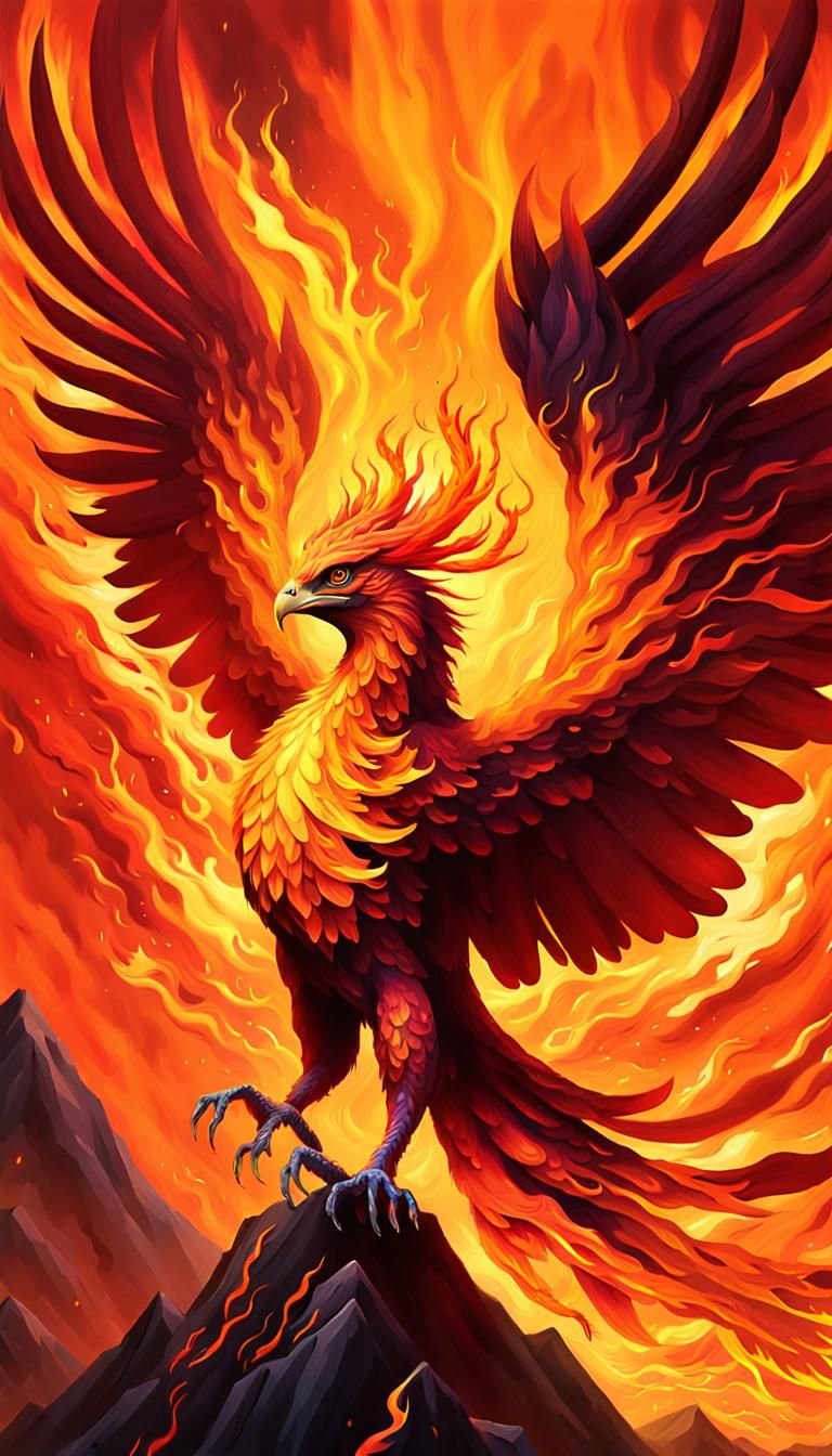 Blazing Phoenix on Fiery Peak in Abstract Expressionism
